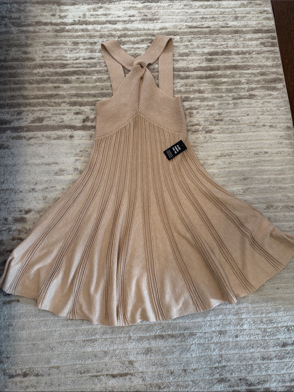 Express Ribbed Knit Cross-Back Flare Dress in Beige
